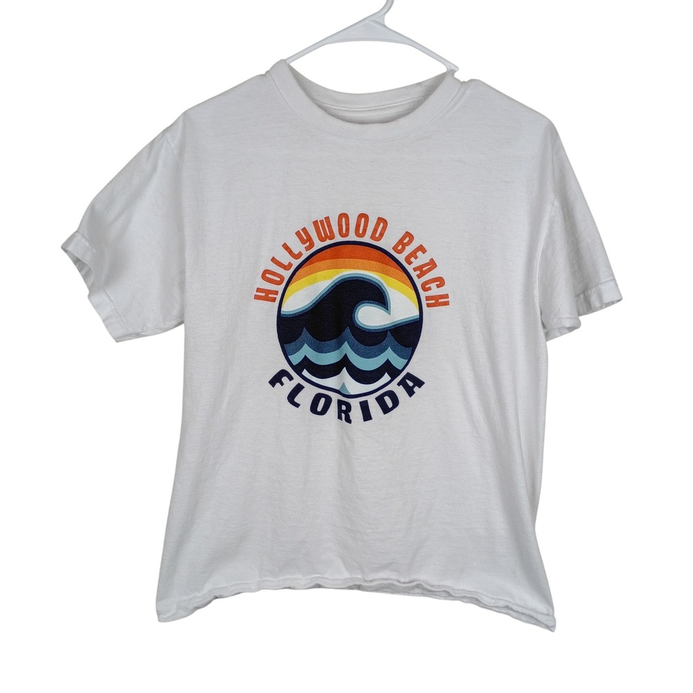 Vtg Hollywood Beach Florida Graphic T-Shirt White Retro Wave Souvenir Tee